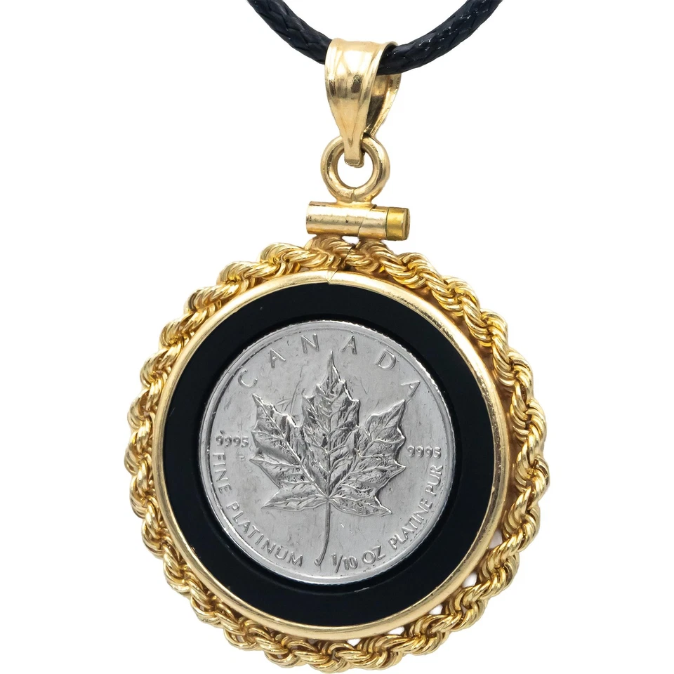 Platinum 1/10oz Maple Leaf Canadian Coin Pendant in 14k Gold and Onyx Frame