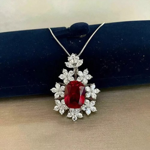 2Ct Oval Cut Lab Created Red Ruby Halo Pendant Free Chain 14K White Gold Plated - Picture 3 of 7