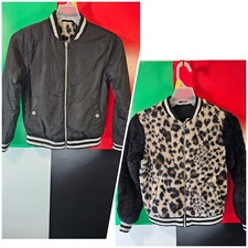 Justice Girls Size 8 Reversible Jacket, Black w/graphic Fuzzy Cheetah Print