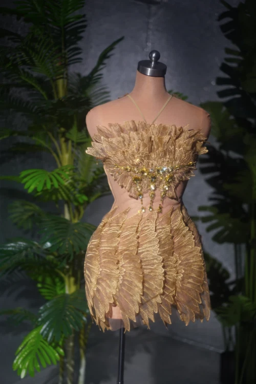 VETEMENTS Abito ali di cicala dorate cristallo lucido abiti da festa palco costumi vestito