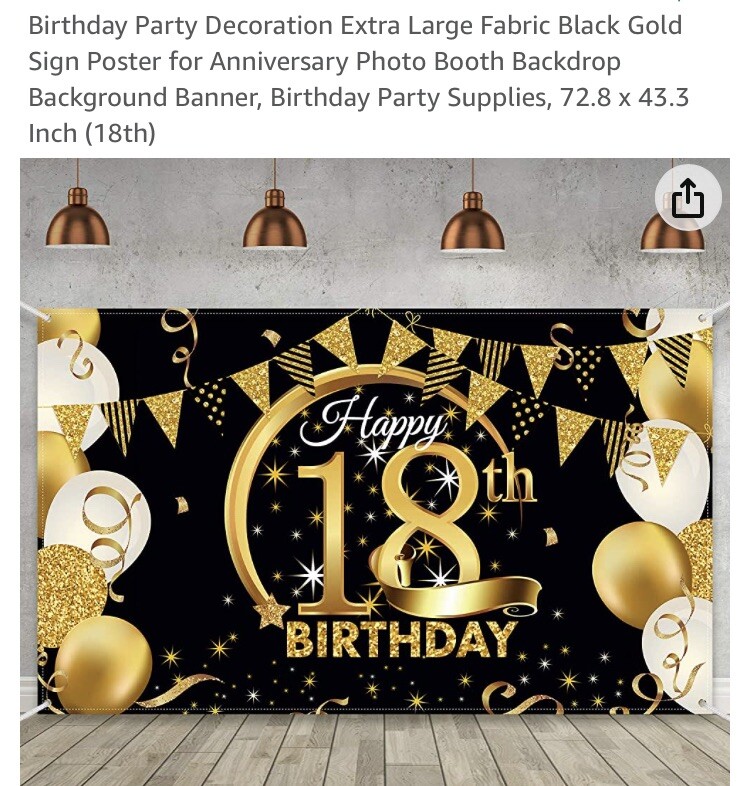 Happy 18th Birthday Party Black Gold Glittery Happy 18th Banner EUC