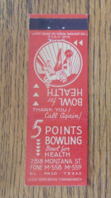 5 POINTS BOWLING MATCHBOOK COVER: EL PASO, TEXAS EMPTY MATCHCOVER -C2