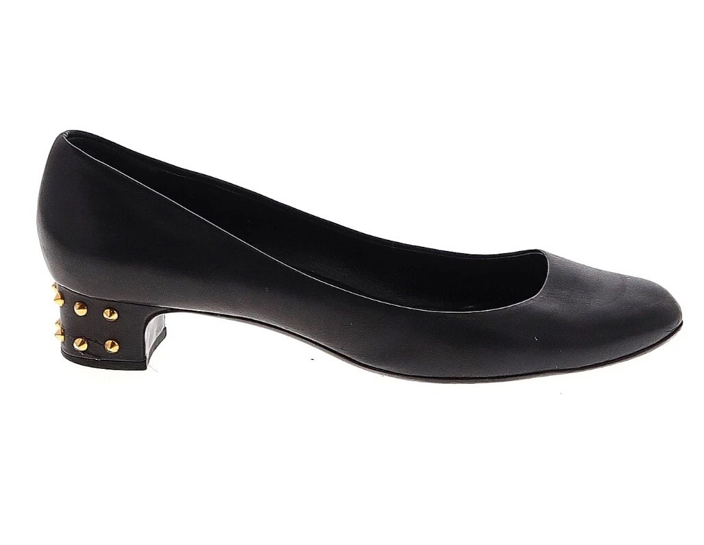 Chaussures authentiques GUCCI Lea cloutées dorées talon bas cuir noir EU 42/US 10,5 11