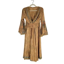 100% Silk 2 Piece Wide Leg Pants & Wrap Top with Angel Sleeve Boh Hippie Gold