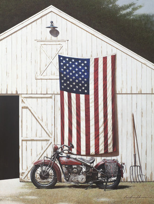 USA AMERICAN FLAG ART PRINT - Barn and Motorcycle by Zhen-Huan Lu Poster 20x26