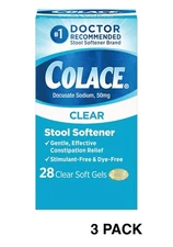 Colace Docusate Sodium Clear Stool Softener 50mg - Pack of 3 (28 Soft Gels Each)