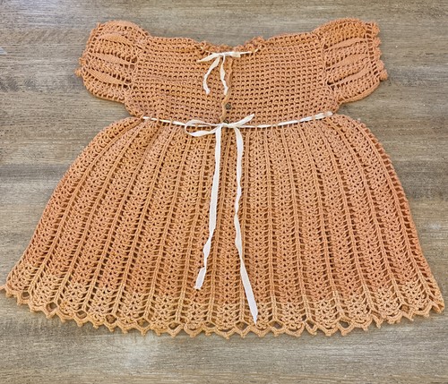 Vintage Handmade Crochet Baby Dress No Sz 3+mos Peach Color