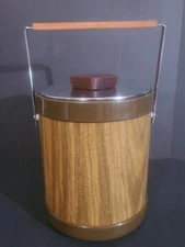 RARE 10" TALL VTG Atapco Faux Wood Grain Vinyl Chrome Ice Bucket REAL WOOD HANDL