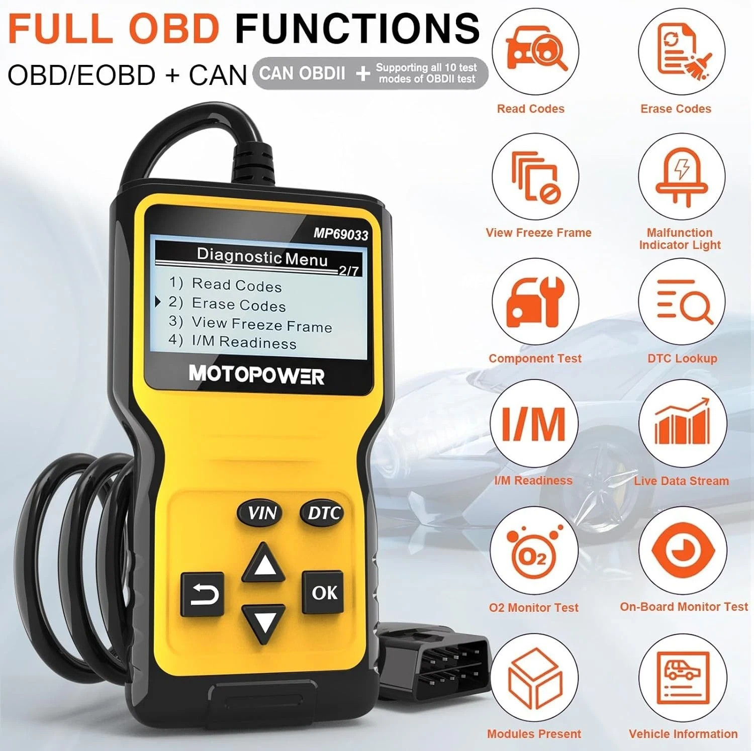 MP69033 OBD2 Scanner Universal Car Engine Fault Code Reader, CAN Diagnostic Scan