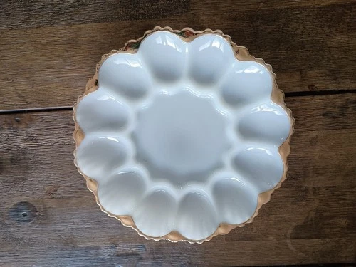 Vintage 10" Milk Glass Deviled Egg Plate Gold Trim Edging Capacity 12