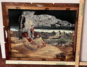 Vtg Native American Chief Eagle Sky Black Velvet Painting Mexico Carved Frame