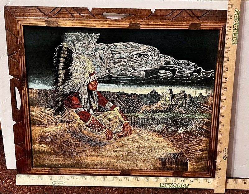 Vtg Native American Chief Eagle Sky Black Velvet Painting Mexico Carved Frame