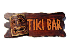 Decorative Wooden Tiki Bar Sign Carved Mask Rope Edging 20 x 8 inches