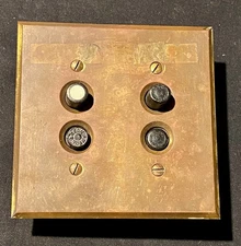 Antique PERKINS / ARROW Electric Push Button Double Light Switch Brass Cover