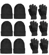 12-Pack Bulk Set – 6 Black Winter Hats & 6 Pairs of Black Gloves One Size Unisex
