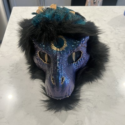Dino Furry Mask Feathers Black Blue Teeth EUC Cosplay Fursuit Con
