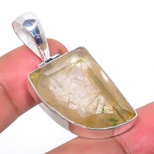 Golden Rutilated Quartz Gemstone Silver Plated Pendant 1.77" T30, Christmas Gift