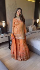 New Presenting Faux Gorgette Orange Top Palazzo With Dupatta For Function Wear