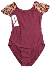 Wear Moi Zenon Ballet Leotard Women  s M Burgundy Mesh Floral Sleeves NWT Dance