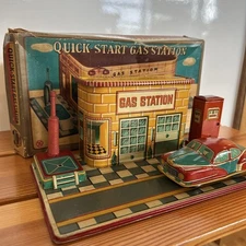 Vintage Yonezawa Quick-Start Gas Station Tin Toy Set with Car Showa Era Rare