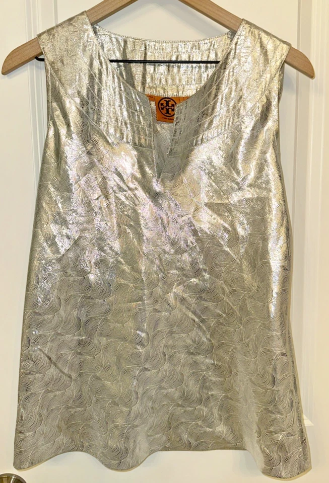 Tory Burch Silk Blend Tank Women Size 10 Silver Metallic Geometric Shirt *FLAW* - Image 2 of 4
