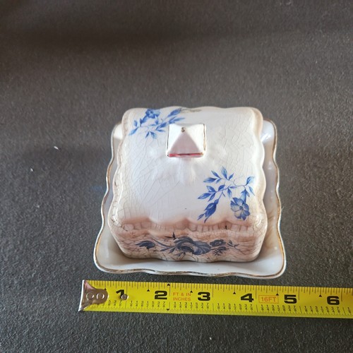 Vtg "Old Foley" James Kent Blue Countryside Small Covered Butter Dish Square - Picture 5 of 6