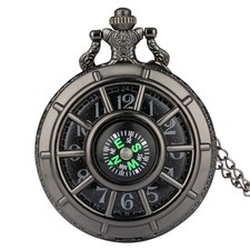 Mens Black Dial Compass Design Hollow Skeleton Steampunk Quartz Pocket Watches
