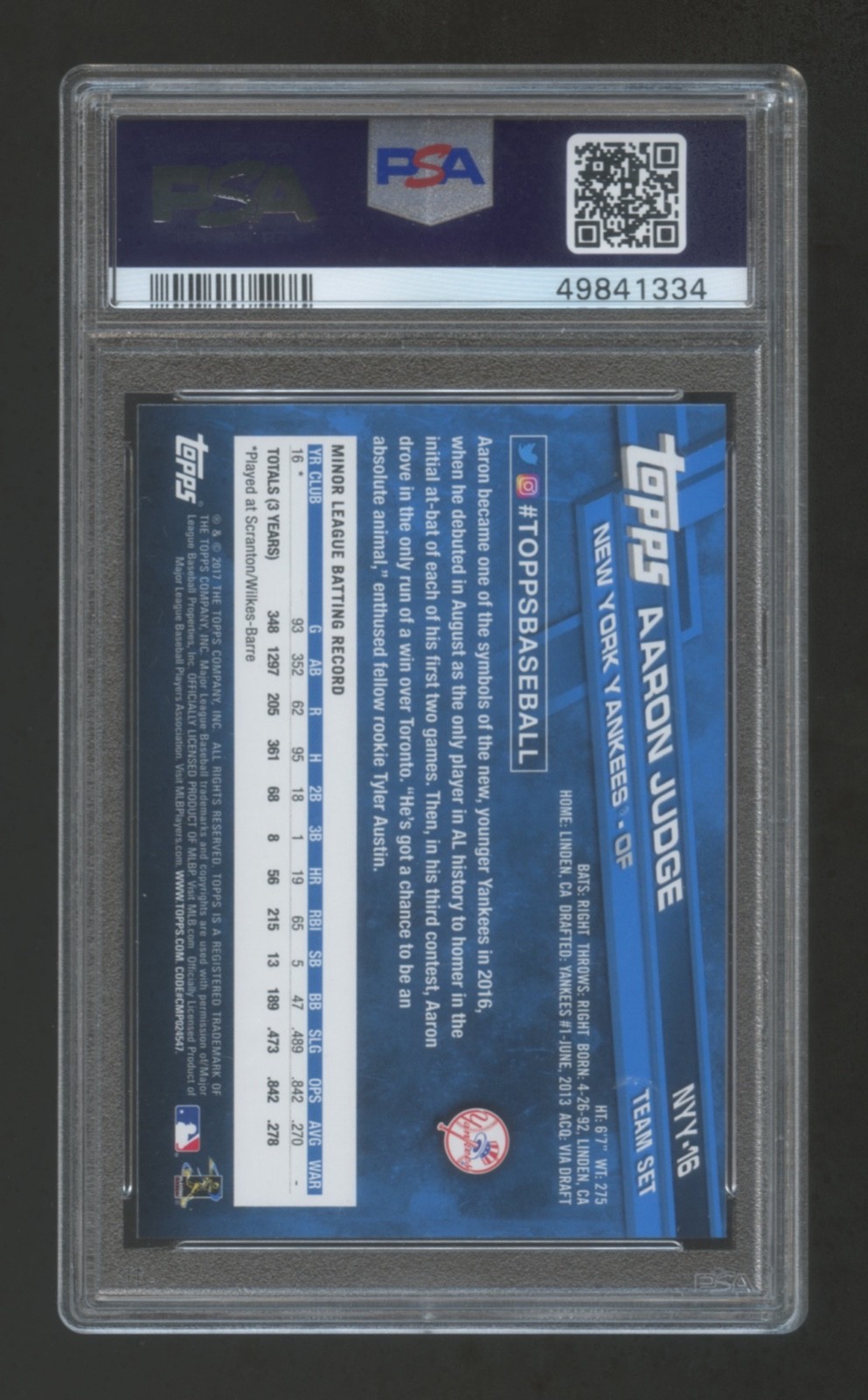 PSA 10 Aaron Judge 2017 TOPPS NEW YOUR YANKEES RC ROOKIE SP #NYY-16 LOW POP 366 view 2