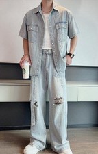 Punk Men Lapel Short Sleeve Shirt Long hole Pants Casual Denim clothing 2pcs