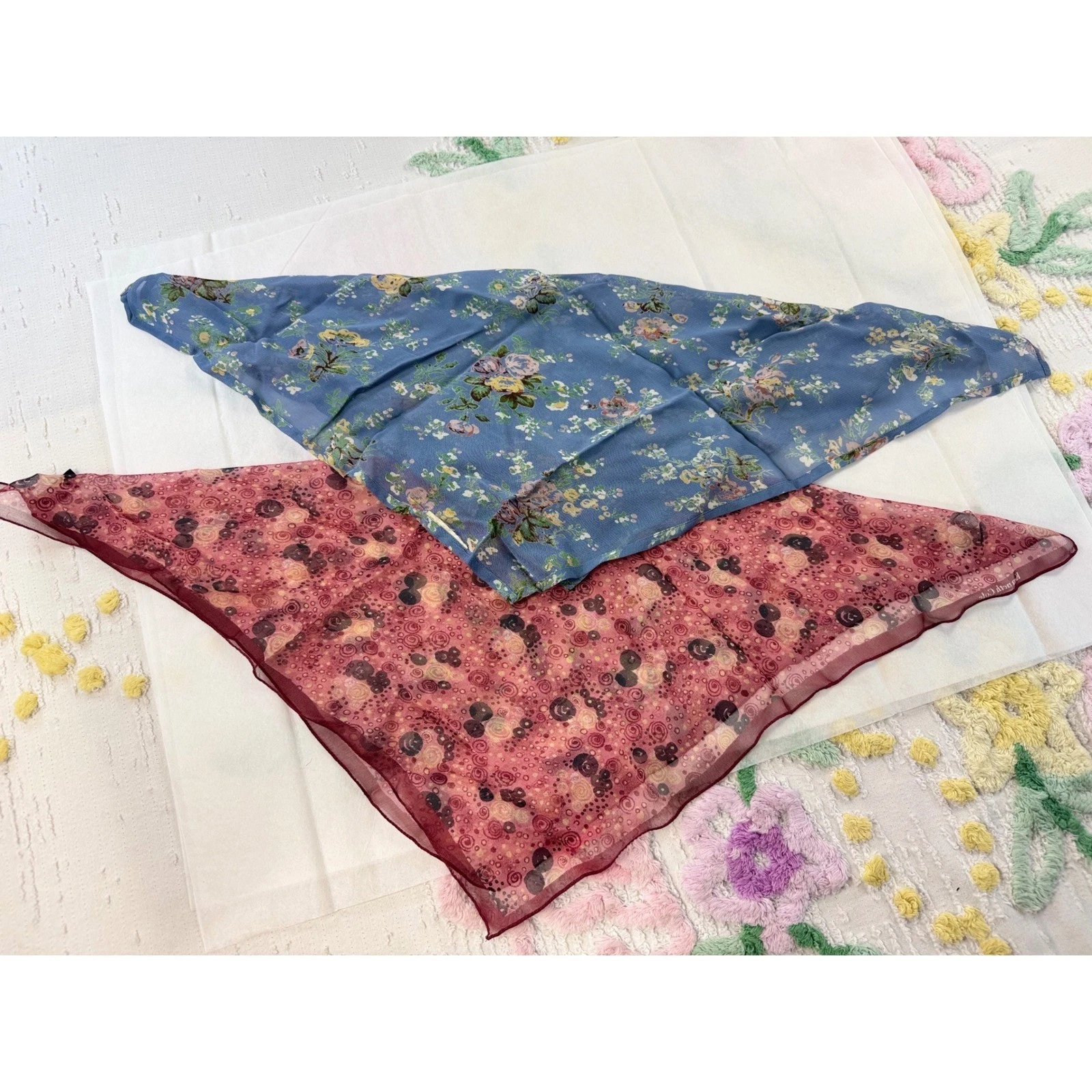 Blue Floral & Burgundy Swirl Square Scarf Set 19x19 Neckerchief 2pc