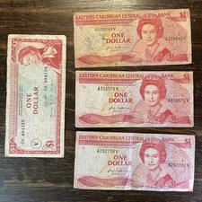 East Eastern Caribbean Central Bank $1 One Dollar Currency LOT, 4 Banknotes