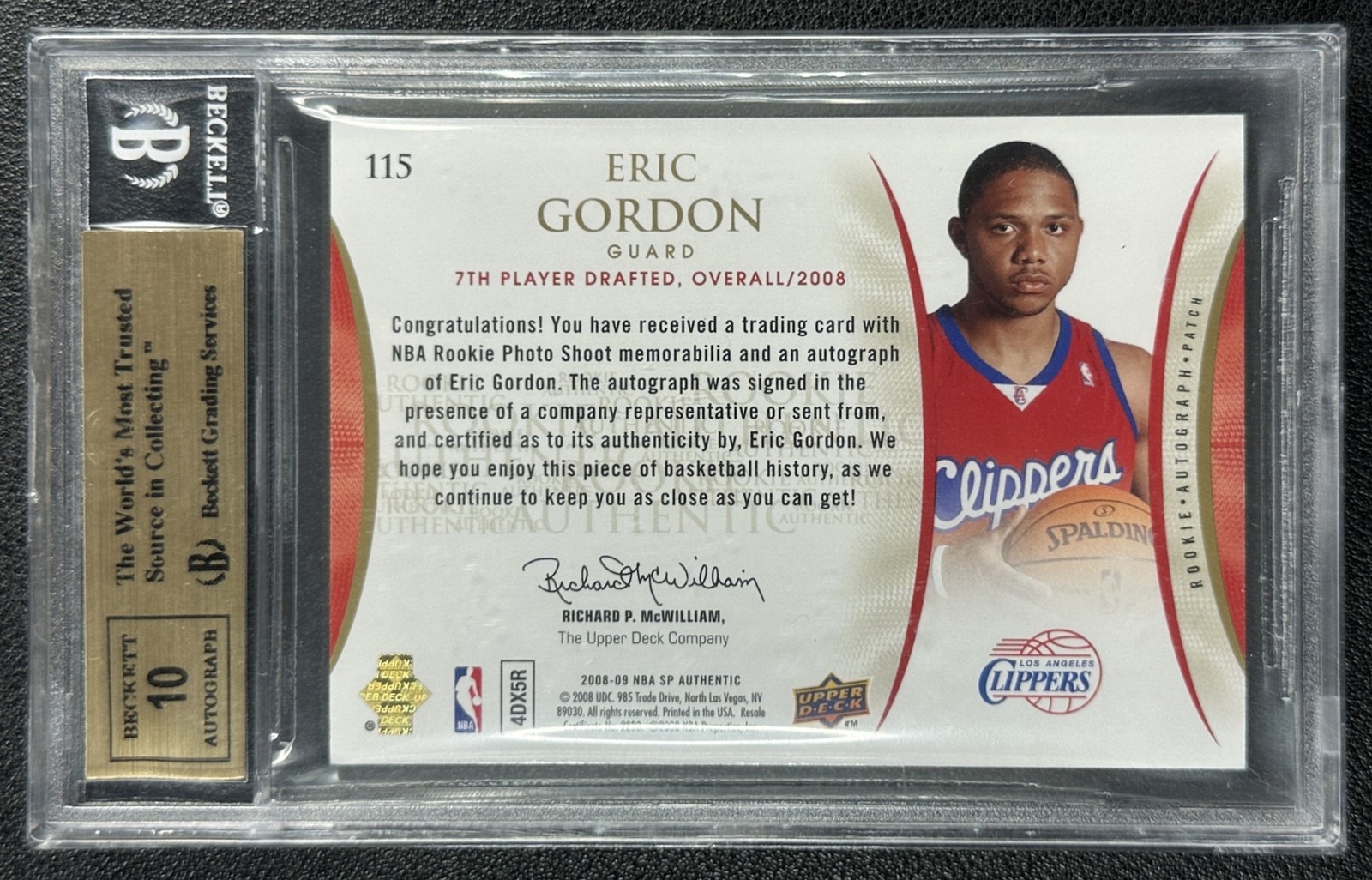 ERIC GORDON BGS 9.5 2008-09 SP AUTHENTIC #115 ROOKIE PATCH AUTO 179/299 CLIPPERS view 2