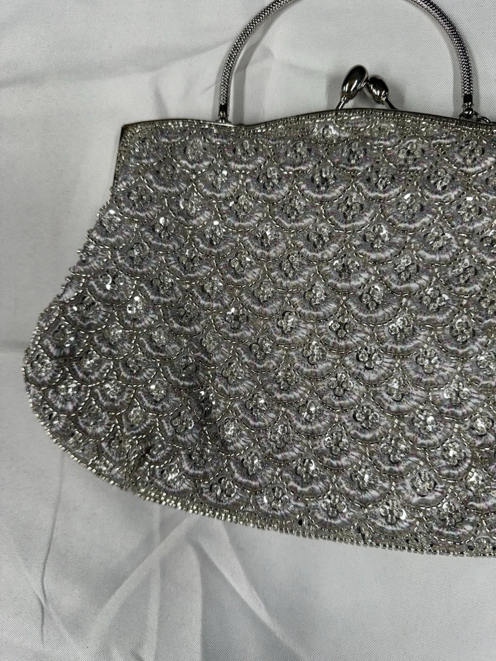 Bolso de Noche Plateado con Cuentas Cartera Estrás Bolso sin asas con Correa de Cadena - Formal Foto 3 de 4