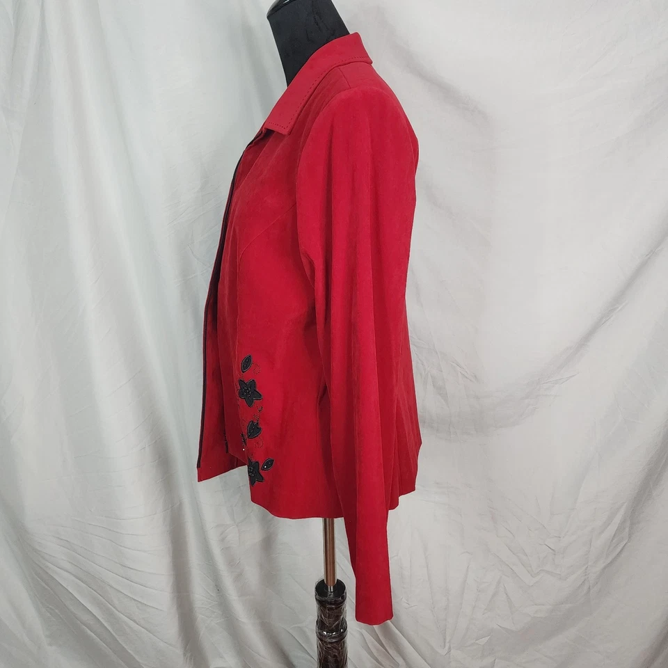 Chaqueta De Colección STUDIO I Talla 16 Roja Cremallera Completa Cuello Negra Floral Bordada Foto 2 de 4