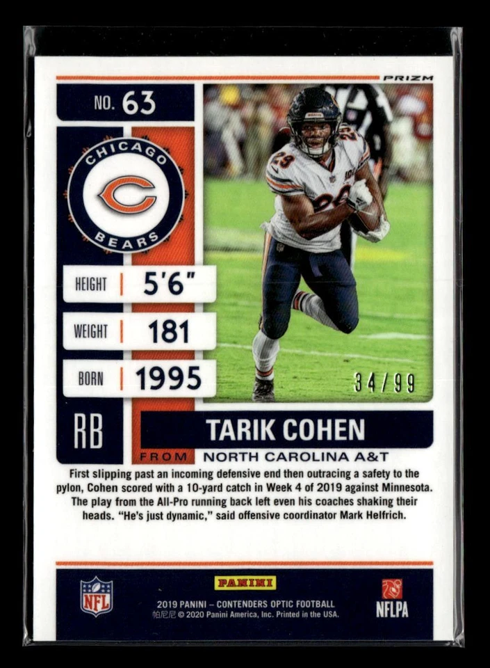 2019 Panini Contenders Optic #63 Tarik Cohen Blue #/99 - Image 2 of 2