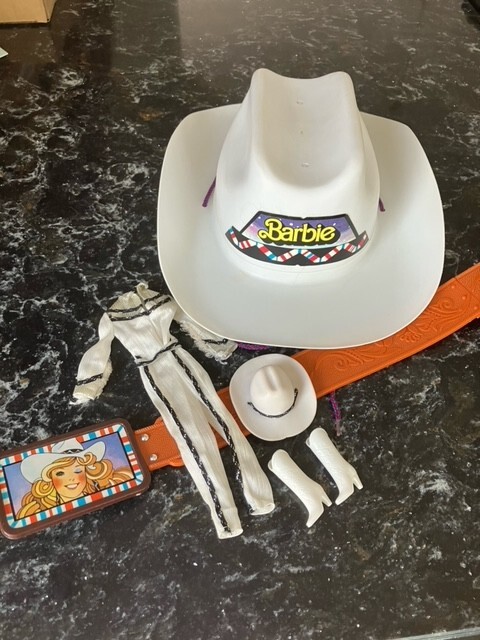 Vintage 1980's Barbie Cowgirl Outfit, Hat & Boots & Kids Costume Hat w/Belt
