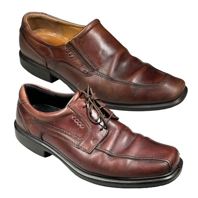 Lot Of 2 Ecco Helsinki Slip On & Lace Up Brown Leather Loafers Mens Sz EU 44