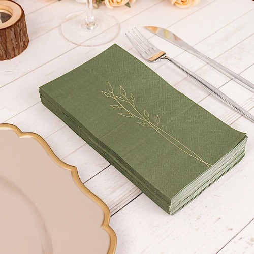 50 OLIVE GREEN Soft 2 Ply Paper Dinner NAPKINS GOLD Embossed Leaves Party Events - Picture 4 of 8