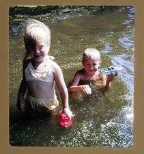 Stereo realist slide -Brother and Sister playing in water -  1970 Kodachrome