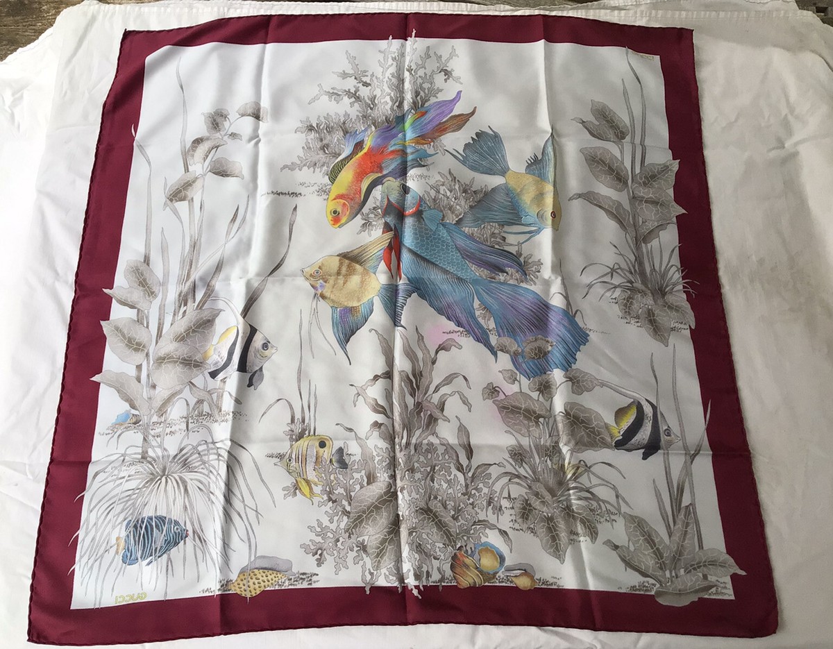 小物 GUCCI silk scarf Beneath The Sea vintage VTG GUCCI Koi Fish Coral Silk Scarf Rare Beautiful 34” | eBay