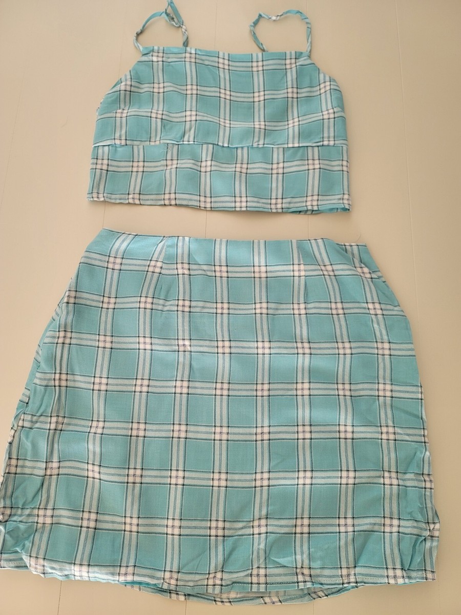 Rue 21 Womens Crop Tank Top Shirt Lace up back, matching plaid skirt Medium  Blue