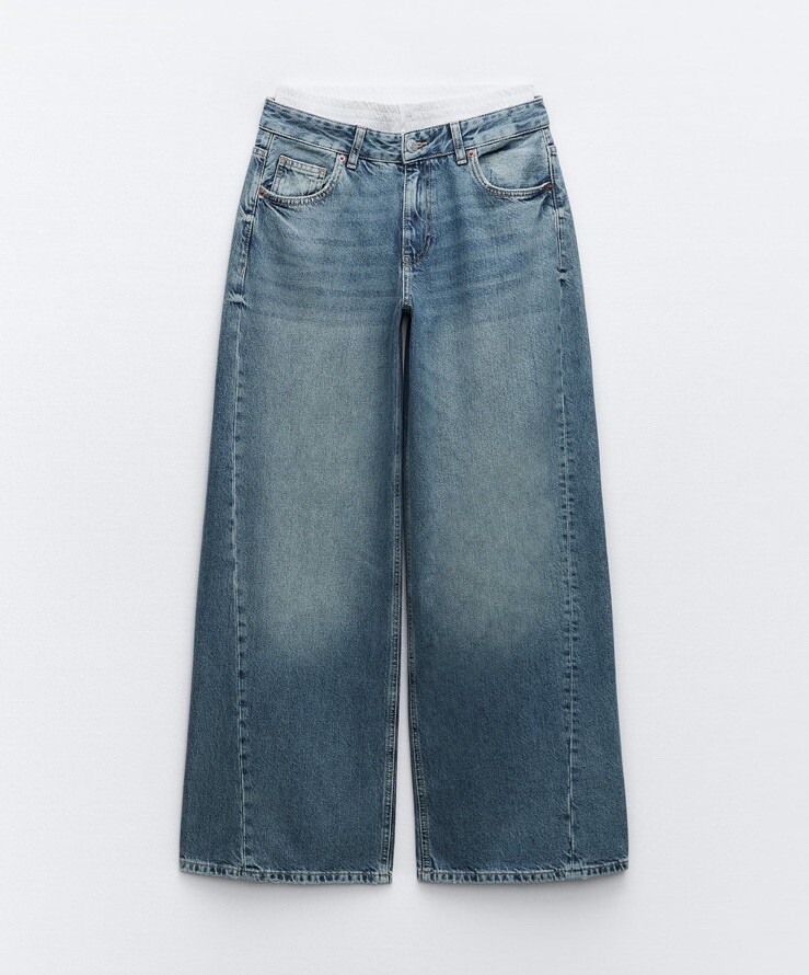 ZARA NEW WOMAN SUPER WIDE-LEG TRF JEANS WITH BOXER DETAIL BLUE 
