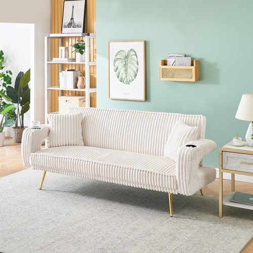 The straight-row white corduroy sofa with throw pillows,featuring a minimalis - Picture 5 of 11