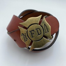 VTG Fire Department 100 Leather Belt  Solid Brass Buckle Tan Brown Size 36/90