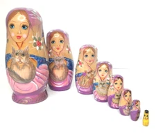 8pc Nesting Dolls Russian Matryoshka 5.5” Hand Painted Holding Cats