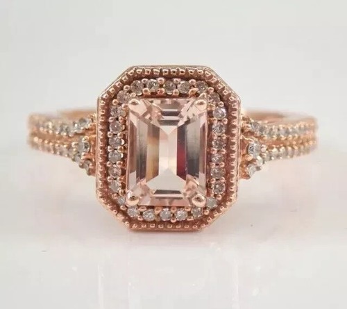 2Ct Emerald Cut Lab Created Morganite Halo Engagement Ring 14K Rose Gold Plated