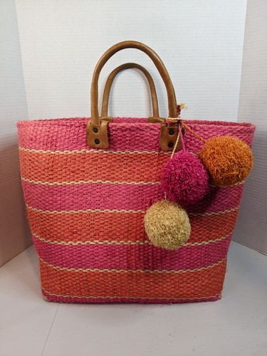 Mar Y Sol Beach Tote Bag Pink Orange Stripes Pom Poms 13"H 13.5"W 7.5"Deep