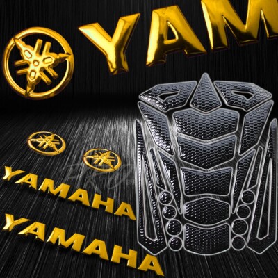 24PCs Perforated Black Fuel Tank Pad+5.75''Gold Yamaha Logo&Letter Emblem Sticker