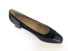 FERRAGAMO Italy Dark Navy Suede lizard Embossed Leather Pumps - 6.5B, Pre-Own