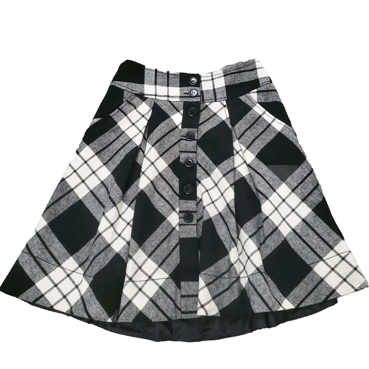 H&M Black White Plaid Midi Skirt High Waist Button Up Pleated Sz Pockets  Lined